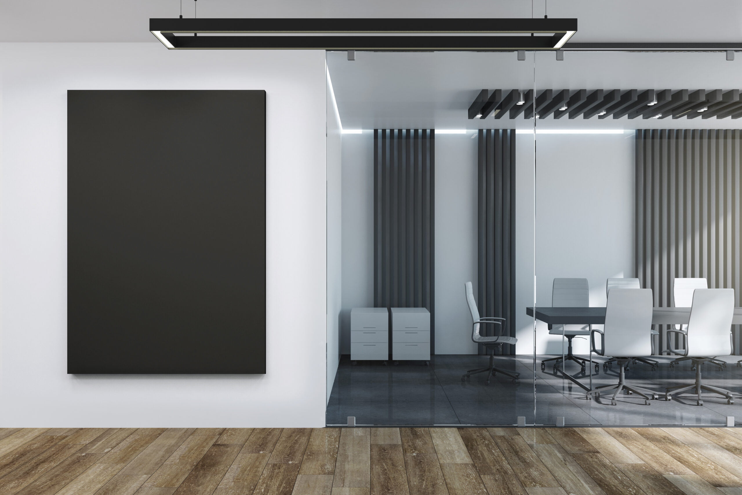 Modern,Concrete,Meeting,Room,Interior,With,Blank,Poster